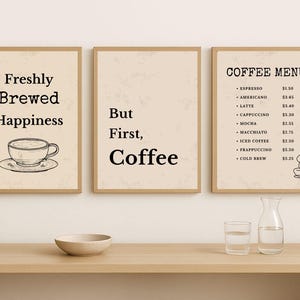 Conjunto de 3 impressões de arte de parede para cafeteria – Cardápio de café para impressão, mas primeiro café, felicidade recém-preparada – decoração de cozinha, impressões de arte de parede para cafeteria
