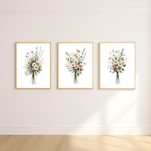 Set of 3 Neutral Spring Wildflower Watercolor Botanical Wall Art Prints, Minimalist Boho Wall Decor, Living Room and Dining Room Decor