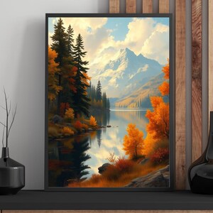Forest Autumn Mountain Lake Digital Print, Living Room Wall Art Decor, Instant Download Nature Scene Poster