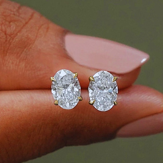Moissanite Earrings | Stud Earrings | Oval Earrings | Moissanite | 925 Sterling Silver | 18K Gold Plated | Best Gifts for Her