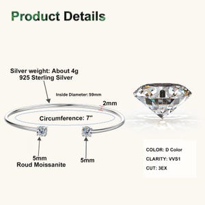 May include: A silver bracelet with two 5mm round moissanite stones. The bracelet has a 7-inch circumference and a 59mm inside diameter. The product details include the silver weight, color, clarity, and cut.