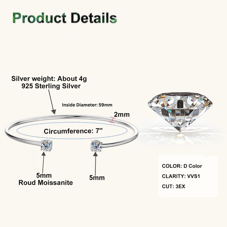 May include: A silver bracelet with two 5mm round moissanite stones. The bracelet has a 7-inch circumference and a 59mm inside diameter. The product details include the silver weight, color, clarity, and cut.