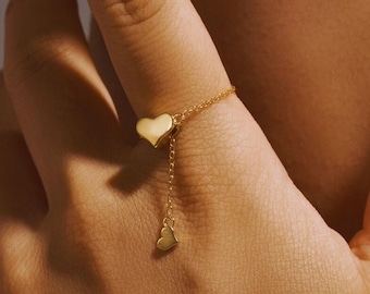 Dangling Ring | Chain Ring | Dangle Heart Ring | Dainty Ring | 925 Sterling Silver | 18K Gold Plated | Celebration of Life Favors Gift