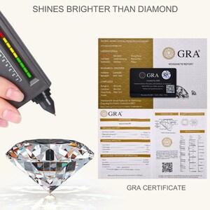 May include: A diamond tester with a digital display is shown next to a large, faceted gemstone. A GRA Moissanite Report and certificate are also visible. The text "SHINES BRIGHTER THAN DIAMOND" and "GRA CERTIFICATE" are displayed.