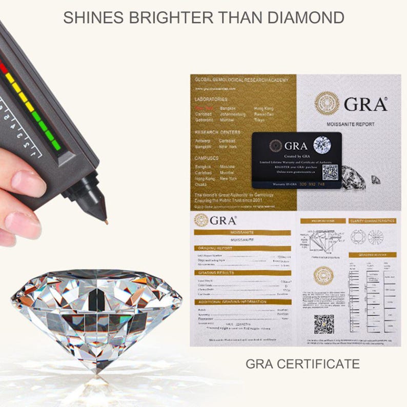 May include: A diamond tester with a digital display is shown next to a large, faceted gemstone. A GRA Moissanite Report and certificate are also visible. The text "SHINES BRIGHTER THAN DIAMOND" and "GRA CERTIFICATE" are displayed.