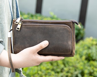 Vintage Crazy Horse Leather Men’s Clutch Bag Genuine Cowhide Multi-Zipper Organizer Coffee Brown Wristlet Purse Rugged Handbag for Men