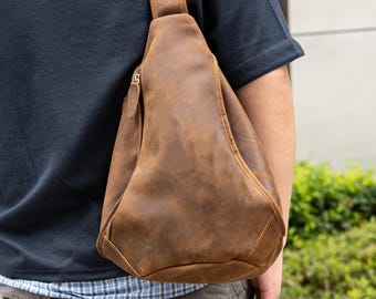 Handmade Crazy Horse Leather Men’s Chest Bag, Vertical Crossbody Sling, Vintage Cowhide Shoulder Backpack Custom Engraved 10-inch Table