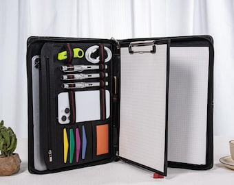 Handmade Black Full Grain Leather A4 Padfolio: Executive Business Organizer