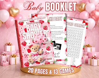 Folleto de juegos para baby shower de fresa, plantilla de revista para baby shower, bingo de trivia para bebés, Canva editable, juegos de fiesta con sabor a frutos rojos