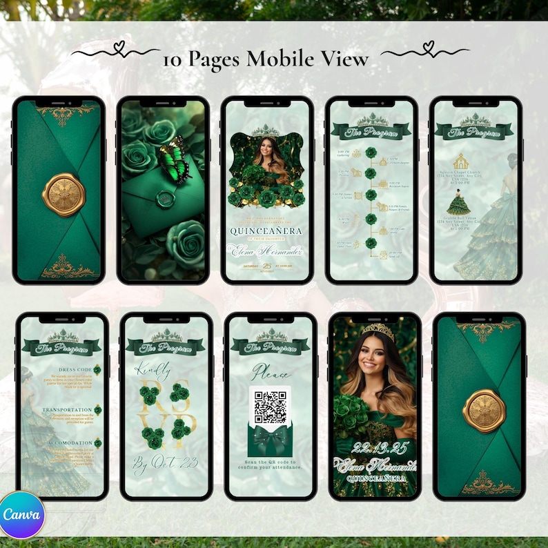 Emerald Green Quinceanera Invitation Video Editable Template Digital Quinceanera Invite for Sweet 15 & 16 Digital InviteTrackable RSVP