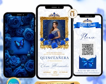 Quinceanera Invitation, Royal Blue Quinceanera Animated Invitation, Editable Quinceañera Digital Video Invitation, Sweet 16 Mis Quince Años