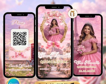 Paris Pink Quinceañera Digital Video Invitación Floral / Dulce 15 & 16 Invitación / 15 Años Cumpleaños Evite / Invitación animada RSVP editable