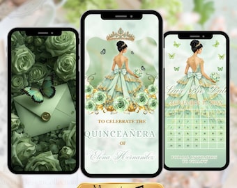 Save the Date Quinceañeara Video Invitation, Sage Green Sweet 15 Animated Invite, Mis Quince Anos Birthday Digital Invite Editable Template