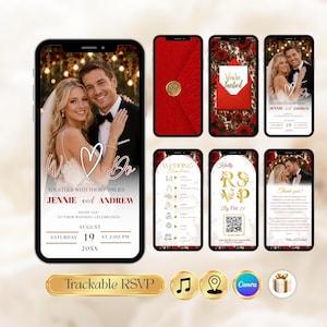 May include: A digital wedding invitation suite displayed on smartphones. The main screen shows a couple with the text "We Do" and details. Other screens include RSVP information, a timeline, and a thank you message. The design features red roses and gold accents.