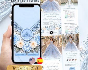 Site de convites digitais de luxo azul claro para festa de 15 anos | Convite azul para festa de 16 e 15 anos, modelo editável, confirmação de presença bilíngue em espanhol e inglês.