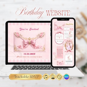 May include: A laptop and smartphone display a pink birthday website design. The laptop shows an invitation with a pink bow and floral accents. The phone displays RSVP and gift details. Text includes "Birthday WEBSITE", "You're Invited", and "OLIVIA ONE".