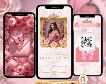 Quinceañera Digital Invitation Sweet 16 – Pink Roses 15 Años RSVP Website – Editable Canva Template Custom Birthday Video Download