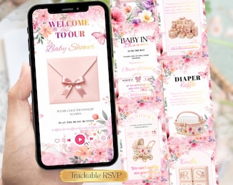 Baby in Bloom Digital Baby Shower Invitation with Trackable RSVP, Floral Pink Invite for Girl, Butterfly Baby Invite Editable Canva Template