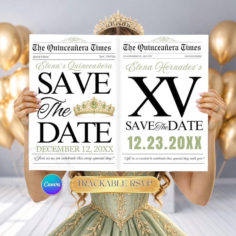 Quinceanera Save The Date Newspaper | Canva Template | Quinceañera invitation | Quince Photoshoot Newspaper | Sweet 15 Newspaper Invite RSVP image 11
