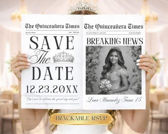 Quinceanera Save The Date Newspaper | Canva Template | Quinceañera invitation | Quince Photoshoot Newspaper | Sweet 15 Newspaper Invite RSVP