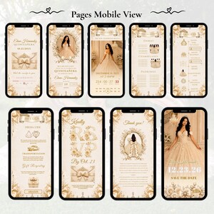 Luxury Champagne Quinceañera Website Template, Gold Ribbon Sweet 16 15 Invitation, Editable Canva RSVP Birthday Invite with Trackable RSVP
