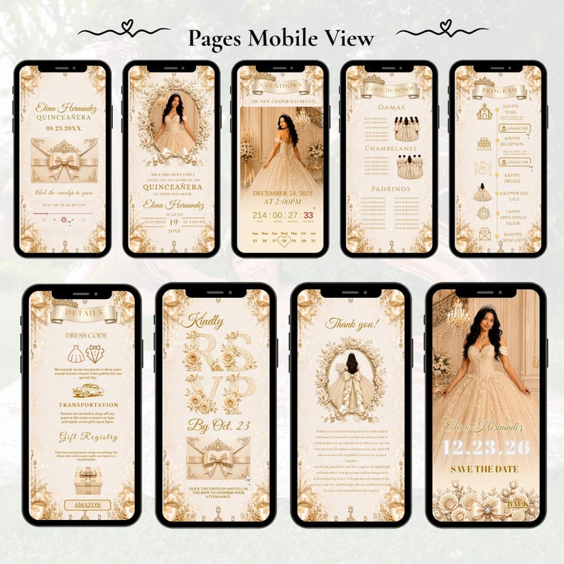 Luxury Champagne Quinceañera Website Template, Gold Ribbon Sweet 16 15 Invitation, Editable Canva RSVP Birthday Invite with Trackable RSVP