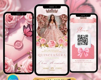 Invitación digital editable en video para quinceañera rosa. Plantilla de cumpleaños rosa. Invitación digital para quinceañera (15 y 16 años). Confirmación de asistencia rastreable.