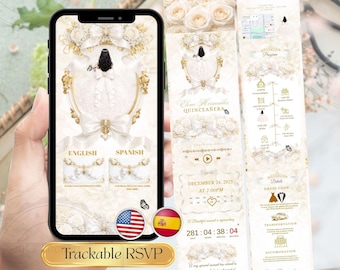 White Quinceañera Invitation Website, Editable Sweet 15 RSVP Link, Gold White Floral Quince Invite, Bilingual Spanish English Canva Template