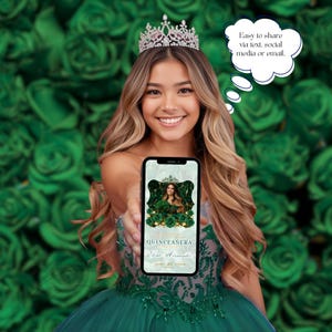Emerald Green Quinceanera Invitation Video Editable Template Digital Quinceanera Invite for Sweet 15 & 16 Digital InviteTrackable RSVP