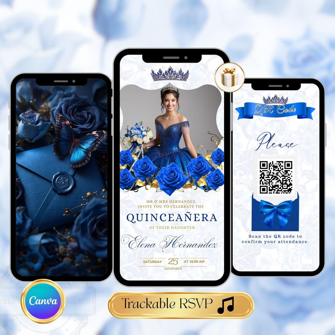 Royal Blue Quinceanera Invitation Video Editable Template Digital