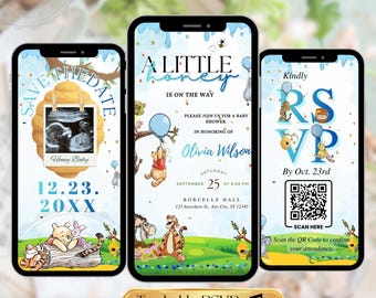 Winnie the Pooh Baby Shower Invitation Video | Editable Canva Evite with RSVP QR Code | Teddy Bear Honey Theme Baby Boy Invite