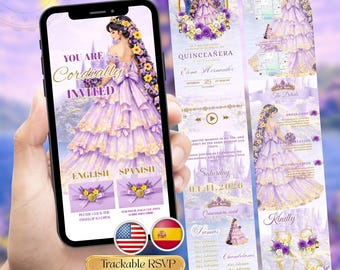 Invitation Princesse de Quinceañera Rapunzel | Invitation modifiable Sweet 15 & Sweet 16 | RSVP cliquable inspiré de Tangled Espagnol | anglais
