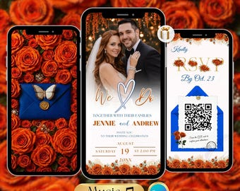 Royal Blue Burnt Orange Wedding Invitation Video, Editable Canva Template, Floral Digital Invite, Modern Elegant RSVP Wedding Evite RSVP