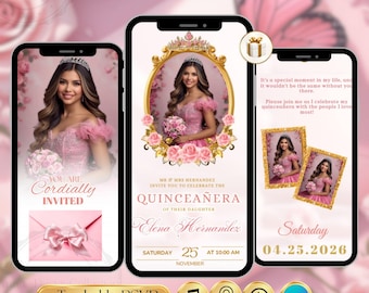 Invitación digital Quinceañera Dulce 16 – Rosas rosadas 15 Años Sitio web de confirmación de asistencia – Plantilla de Canva editable Cumpleaños personalizado RSVP rastreable