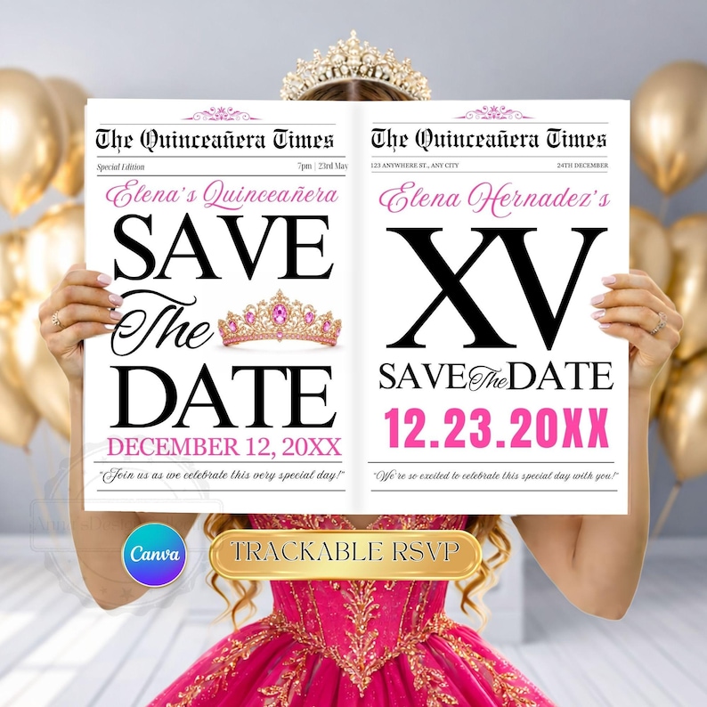 Quinceanera Save The Date Newspaper | Canva Template | Quinceañera invitation | Quince Photoshoot Newspaper | Sweet 15 Newspaper Invite RSVP image 12