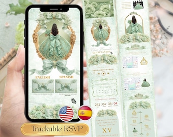 Sage Green Quinceañera Invitation Website, Editable Sweet 15 RSVP Link, Gold Floral Quince Invite, Bilingual Spanish English Canva Template