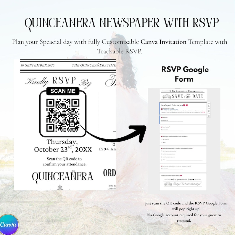 May include: A Quincea&ntilde;era newspaper invitation template with RSVP details. The design includes a QR code for attendance confirmation, date, and time. The invitation is customizable with a Canva template.