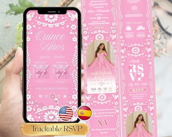 Pink Cielito Lindo Theme Quinceañera Invitation Website, Sweet 15 Mis Quince Años Digital Invite, Editable Canva Template, Trackable RSVP