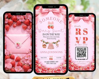 Strawberry Baby Shower Invitation Video | Animated Berry Sweet Baby Shower Evite | Canva Editable Digital Invite with Trackable RSVP QR Code