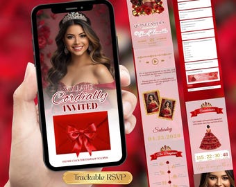 Red Roses Quinceañera Invitation Digital Template for Sweet 15 or 16, Elegant Red Gold Editable Mis Quince Birthday Invite Quinceanera RSVP