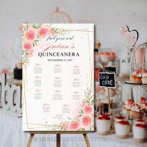 Quinceañera Light Pink Setting Chart,Sweet Sixteen,Editable Template,Personalized Welcome Board sizes24X36/20x30/16X24/12X18/8X12Gold Border