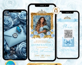 Invitation Quinceanera bleu clair QR Code RSVP animé Sweet 16, Invitation modifiable de Quinceanera pour le 15e anniversaire de Mis Coing Anos
