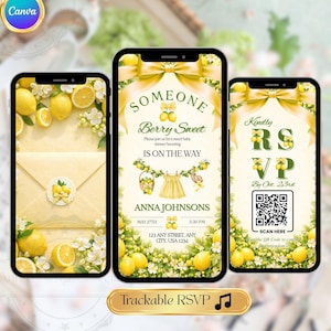 May include: Three smartphones displaying baby shower invitations. The central phone shows the text "Someone Berry Sweet" with a lemon and floral design. The other phones display complementary designs, including an RSVP card with a QR code. The invitations feature yellow and green accents.