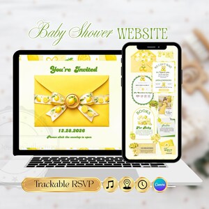 Invitación para baby shower con temática de limón dulce para niña / Invitación editable con lazo amarillo coqueto / Sitio web de invitación para baby shower / Invitación RSVP rastreable