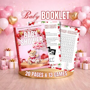 May include: A baby shower booklet with a pink cover featuring the text "Baby Shower" and a teddy bear illustration. The booklet includes 20 pages and 13 games. Pink and gold balloons and gift boxes surround the booklet.
