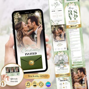 Convite de casamento digital verde sálvia com link de confirmação de presença e música | Modelo animado do Canva | Contagem regressiva para convite de casamento online | Convite eletrônico editável