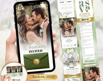 Sage Green Digital Wedding Invitation with RSVP Link & Music | Animated Canva Template | Online Wedding Invite Countdown | Editable E-Invite
