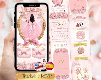 Digitale Quinceañar Einladungs-RSVP Vorlage, Rosa Florale Sweet 15 Invite Website, Gold Quinceañara Online Invite, zweisprachig Spanisch Englisch