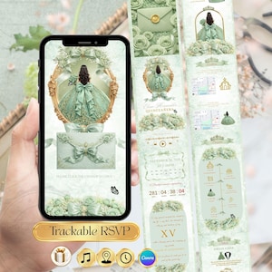 Sage Green Quinceañera Invitation Website, Sage Roses Sweet 15 Mis Quince Años Digital Invite, Editable Canva Template with Trackable RSVP