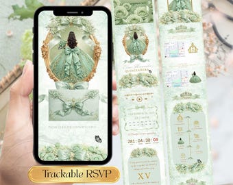 Sitio web de invitación de Quinceañera Sage Green, Invitación digital Sage Roses Sweet 15 Mis Quince Años, Plantilla Canva editable con RSVP rastreable